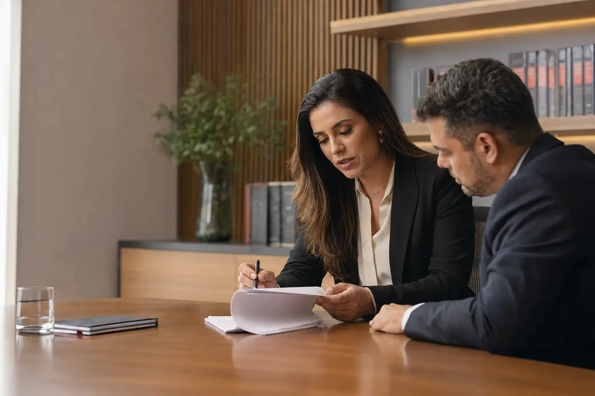 Advogada brasileira atendendo um cliente em seu escritório