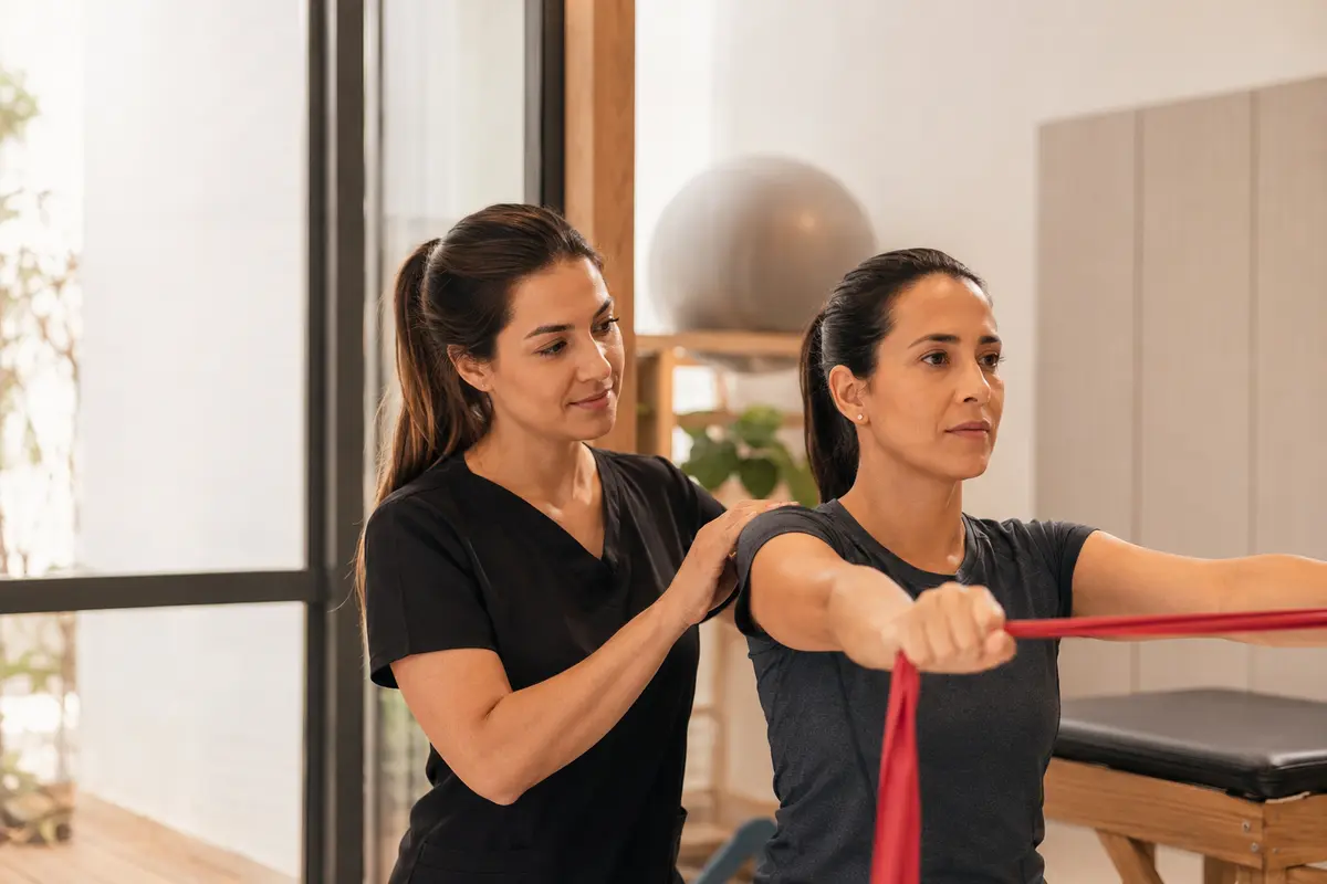 Fisioterapeuta brasileira orientando exercício de reabilitação