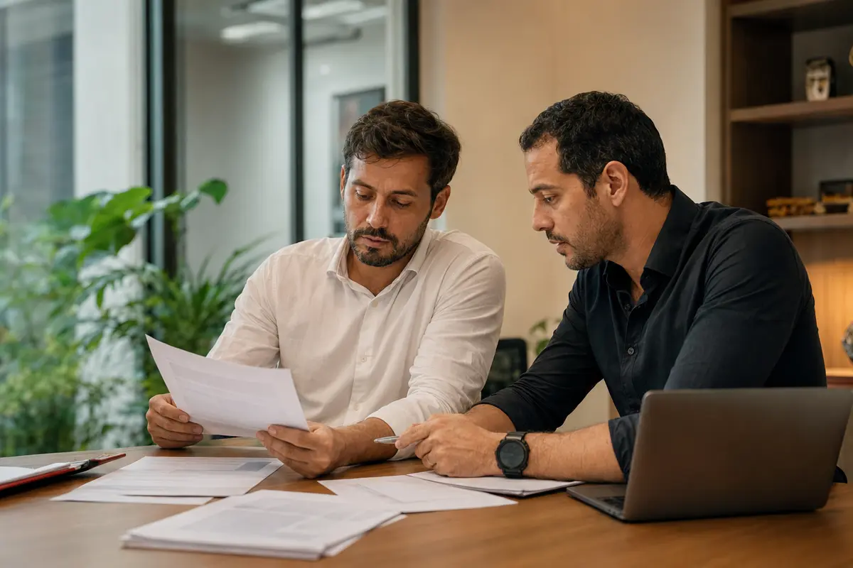 Sócios brasileiros revisando o planejamento de uma empresa de serviços
