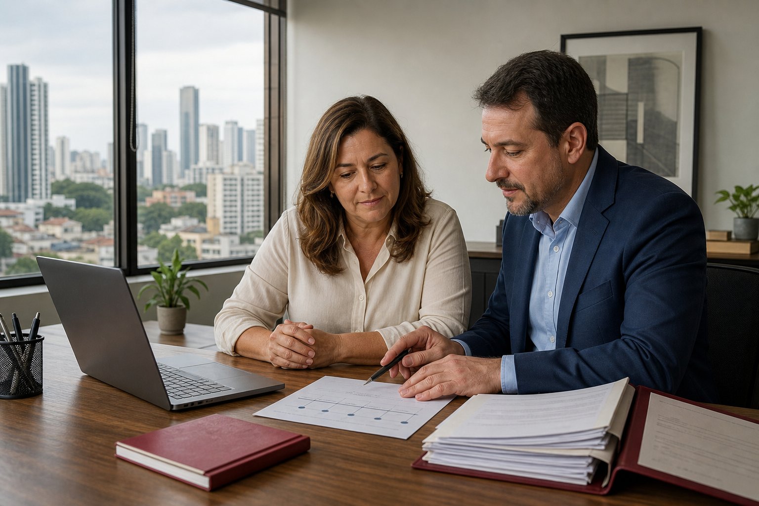 Empresária e contador analisando uma linha de pagamentos e documentos fiscais em São Paulo